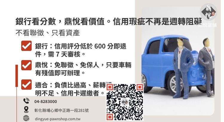 比較銀行與當舖在處理信用瑕疵者汽車借款時的核貸門檻差異。