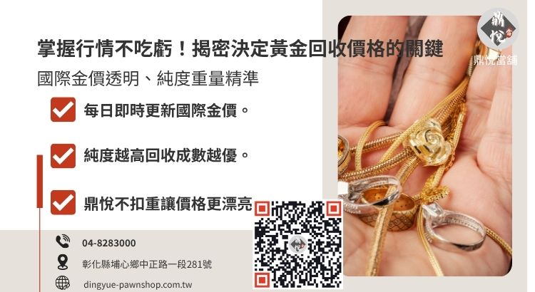彰化黃金回收價格影響因素分析圖，包含國際金價、黃金純度與不扣重優勢。