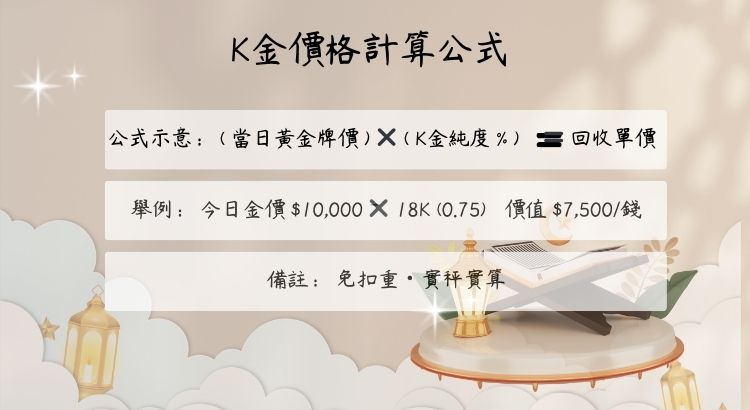 K金回收價格怎麼算? K金回收價格計算公式說明,依照黃金當日牌價乘以含金量百分比,公開透明。