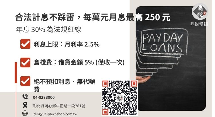 展示當舖業法規範下的利息計算範例與費用明細。